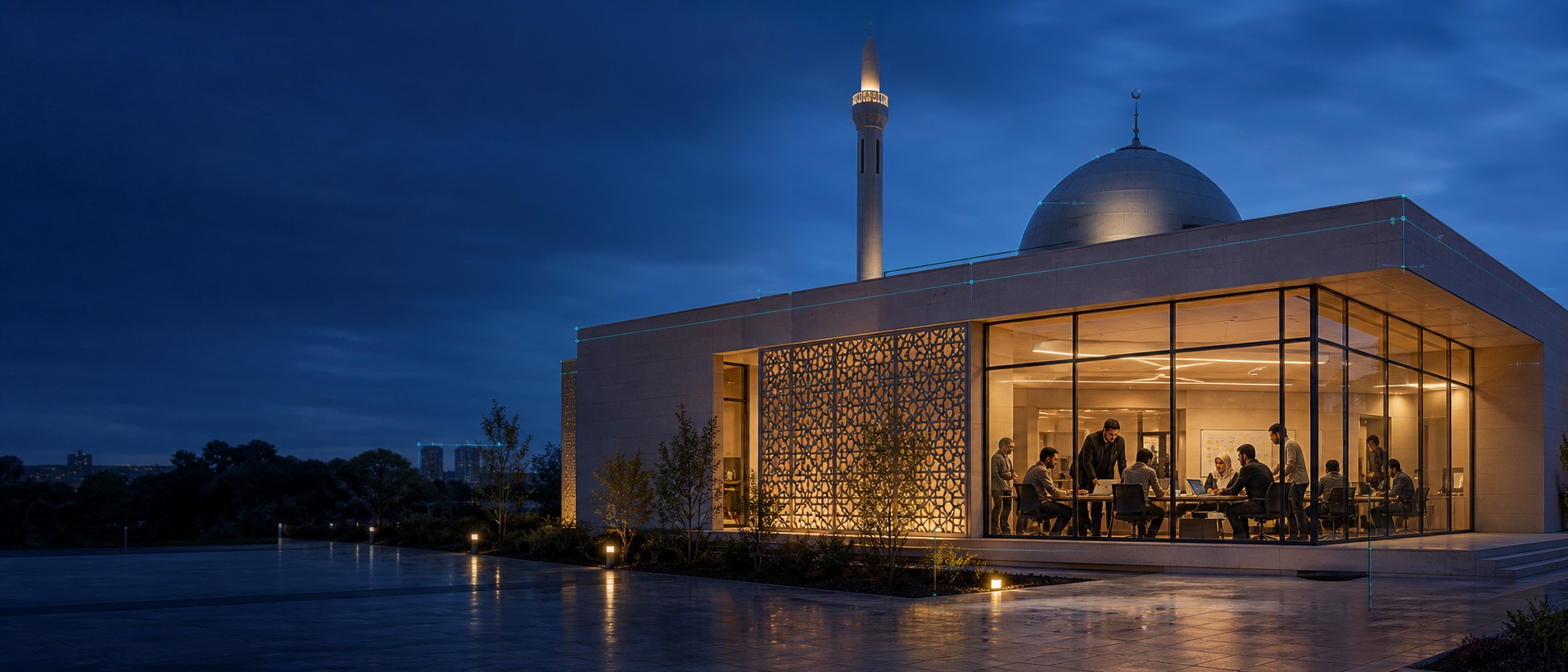 A mosque and community space at dusk.