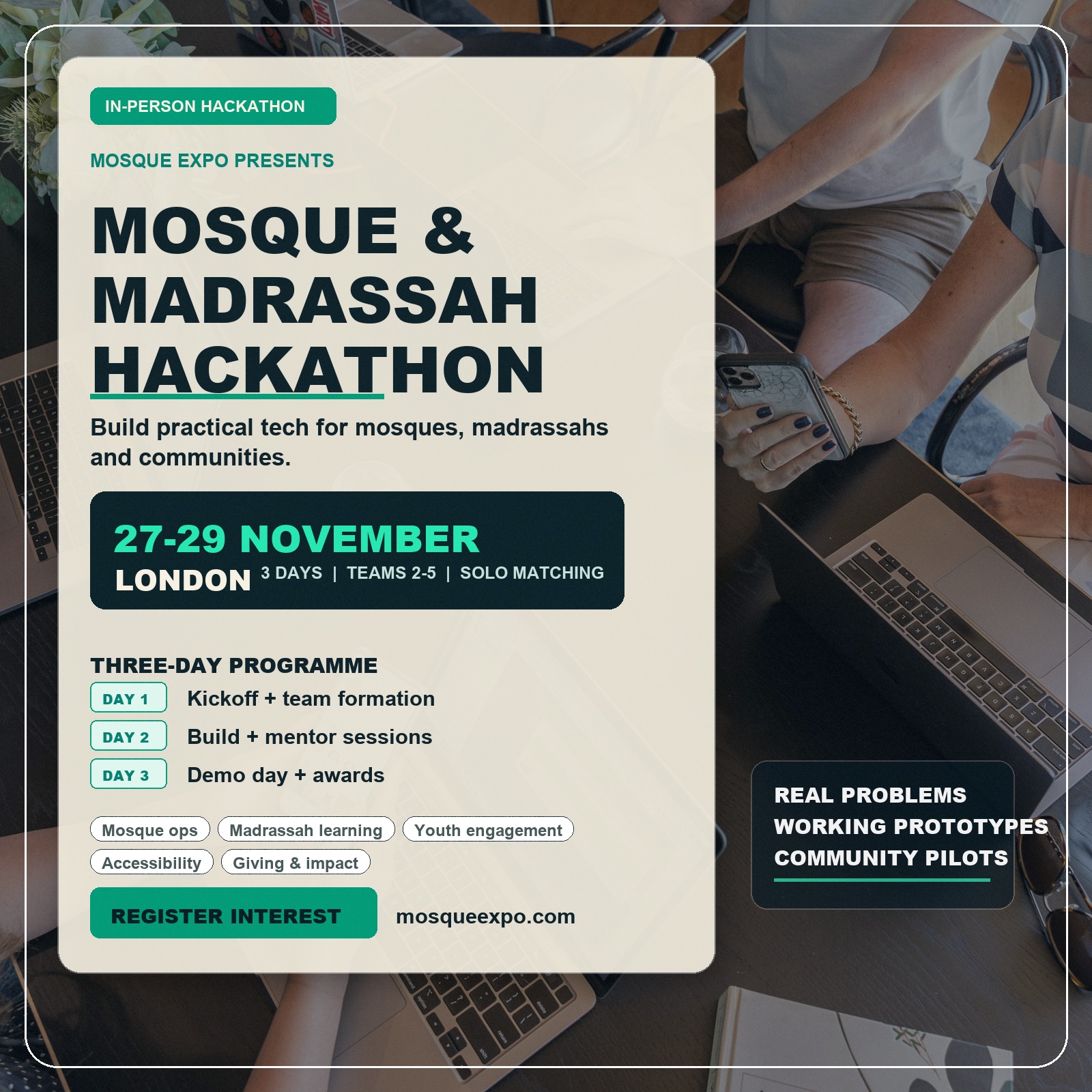 Builders collaborating with laptops at the Mosque and Madrassah Hackathon table.